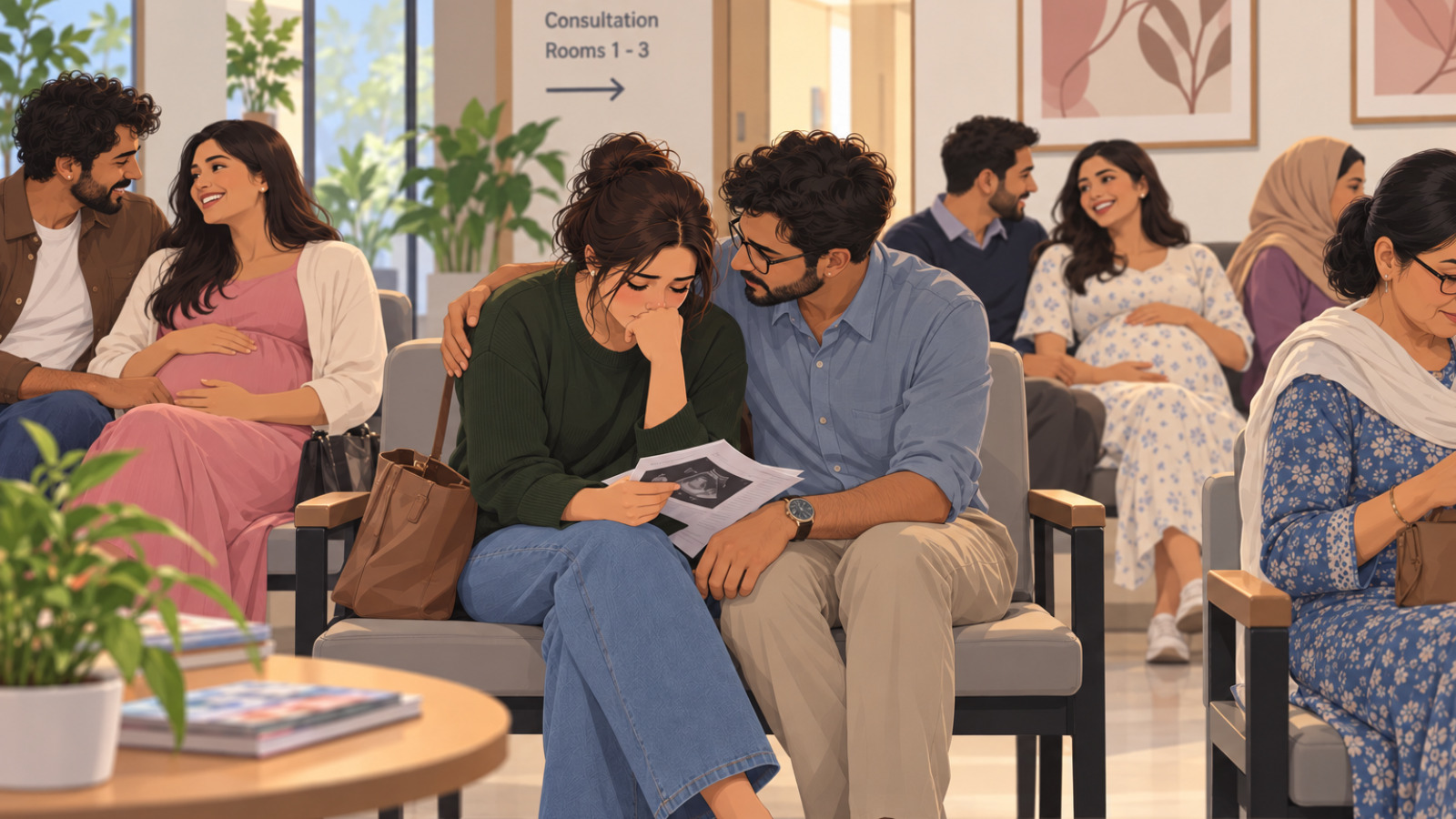 Illustration of couples waiting in an obstetrics and gynaecology clinic. Several expectant couples appear happy and affectionate, while one couple sits sadly together, looking at an ultrasound scan after possibly receiving distressing news about a miscarriage.